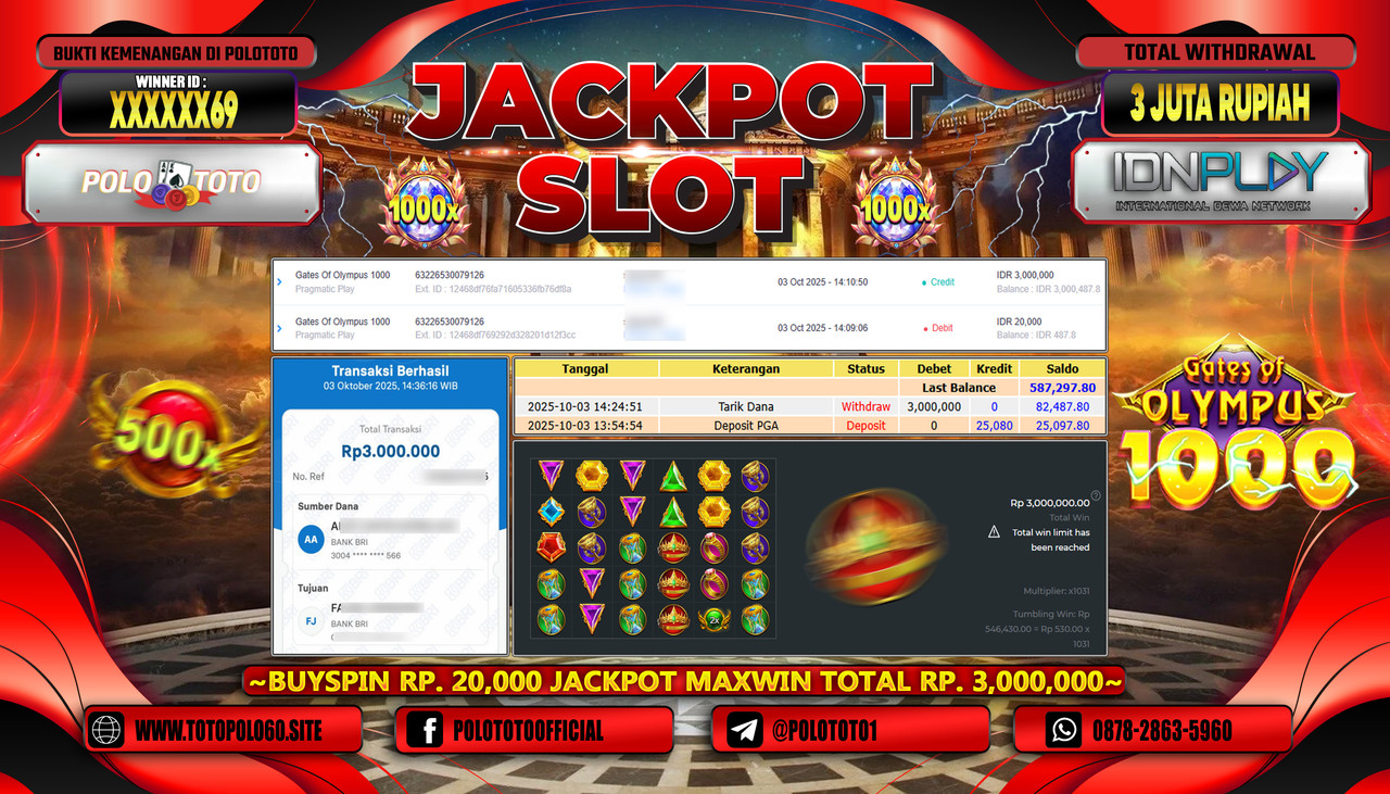 POLOTOTO JACKPOT SLOT GATES OF OLYMPUS 1000 Rp.3.000.000,- LUNAS