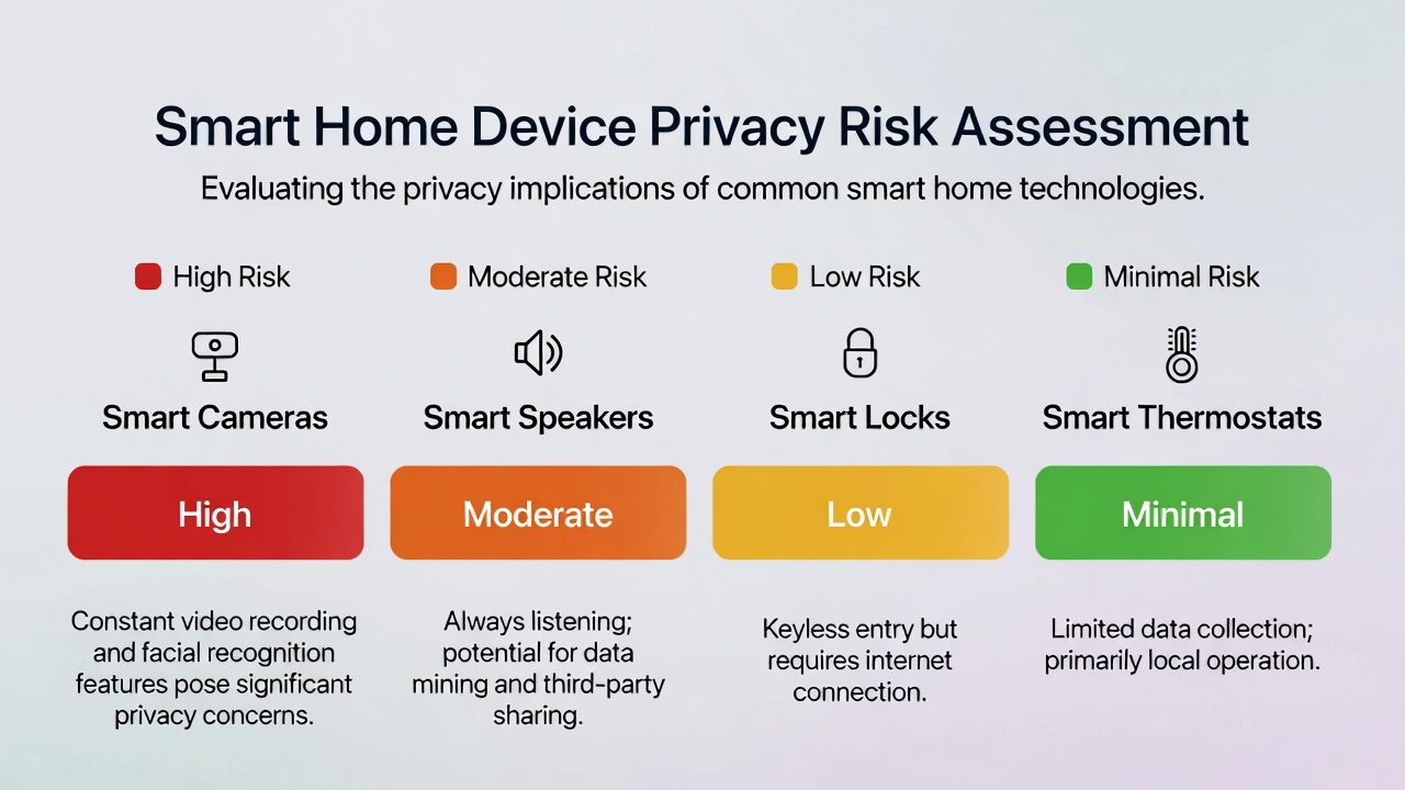 Infographic rating smart home devices by privacy risk including cameras, speakers, locks, and thermostats