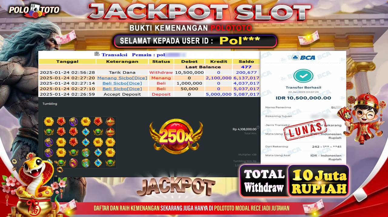 POLOTOTO JACKPOT SLOT GATES OF OLYMPUS 1000 Rp.10,500.000,-