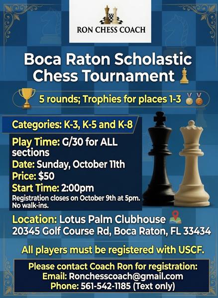 Boca Raton Scholastic Chess Tournament Flyer