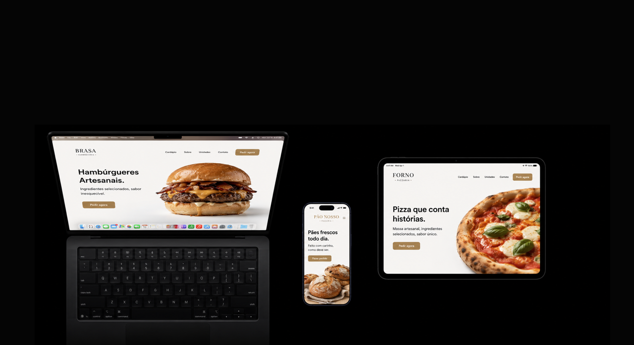Landing pages criadas pela Antroamérica mostradas em MacBook e iPad, com exemplos para pizzaria e açaiteria