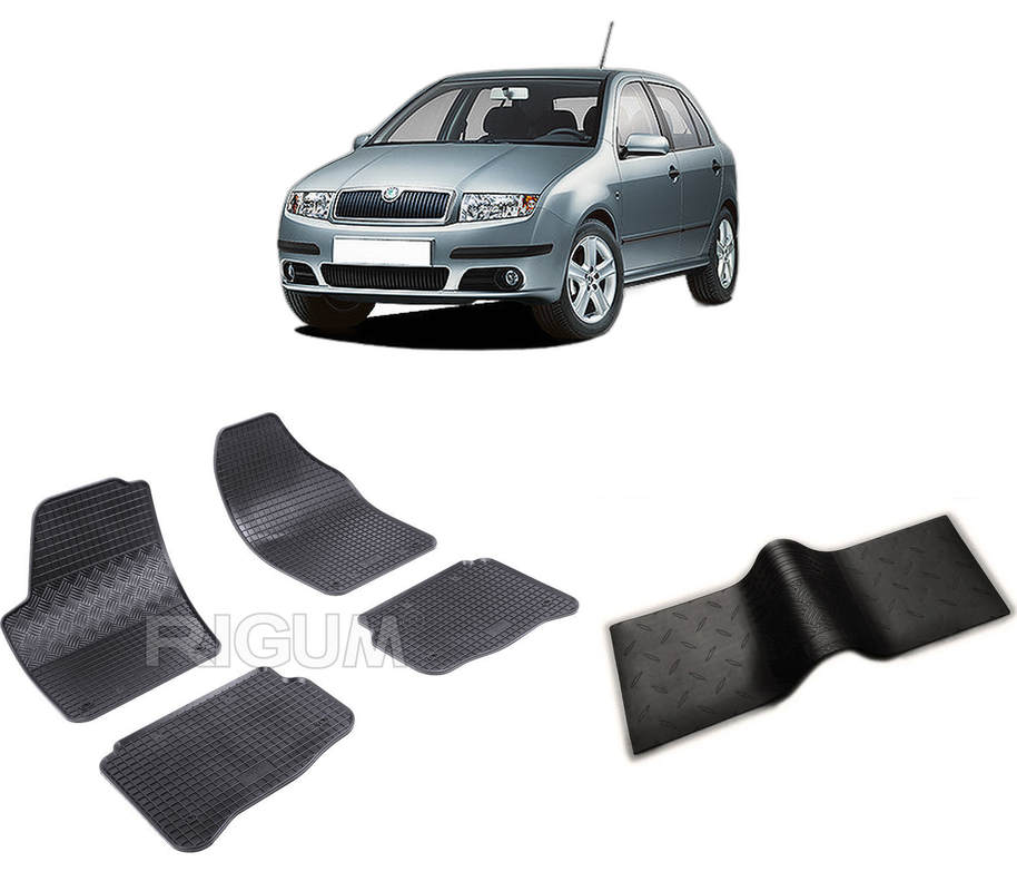 Set covorase auto SKODA FABIA I din 2000-2007, cu covoras tunel median, CAROSERIE SEDAN, Presuri cauciuc 100%, compatibil cu autoturismul SKODA FABIA I, Rigum