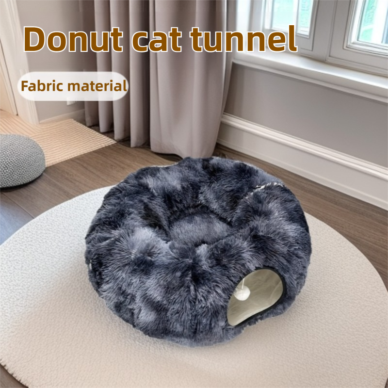 2-in-1 Dark Blue Tie-Dye Donut-Shaped Cat Tunnel Bed - Spacious 85cm Pet Play Tunnel & Lounger, Durable Fabric for Cats & Kittens