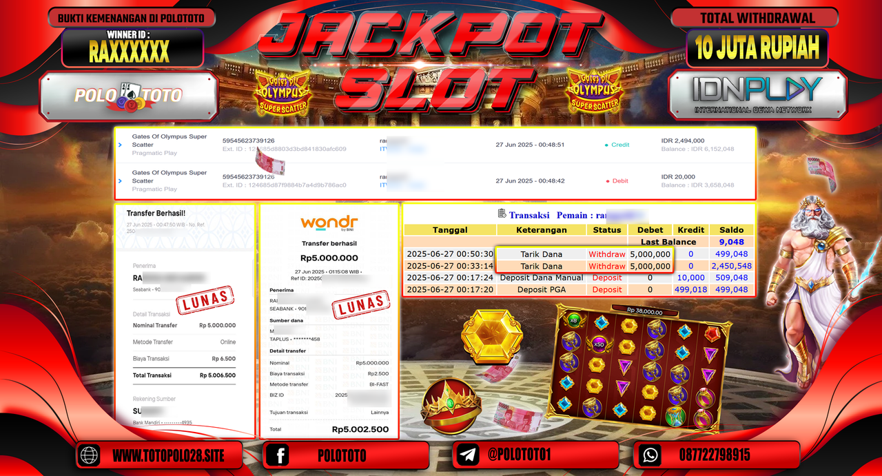 POLOTOTO JACKPOT SLOT GATES OF OLYMPUS SUPER SCATTER Rp.10.000.000,-