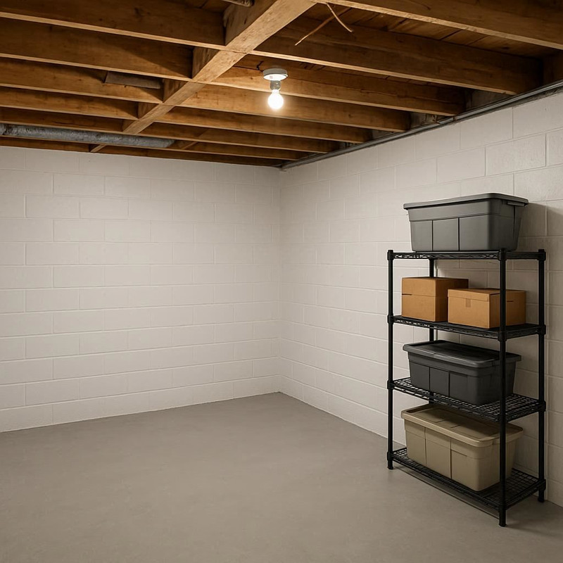 After photo of the restored basement. The room is clean, dry, and organized with a new ceiling and fresh walls.