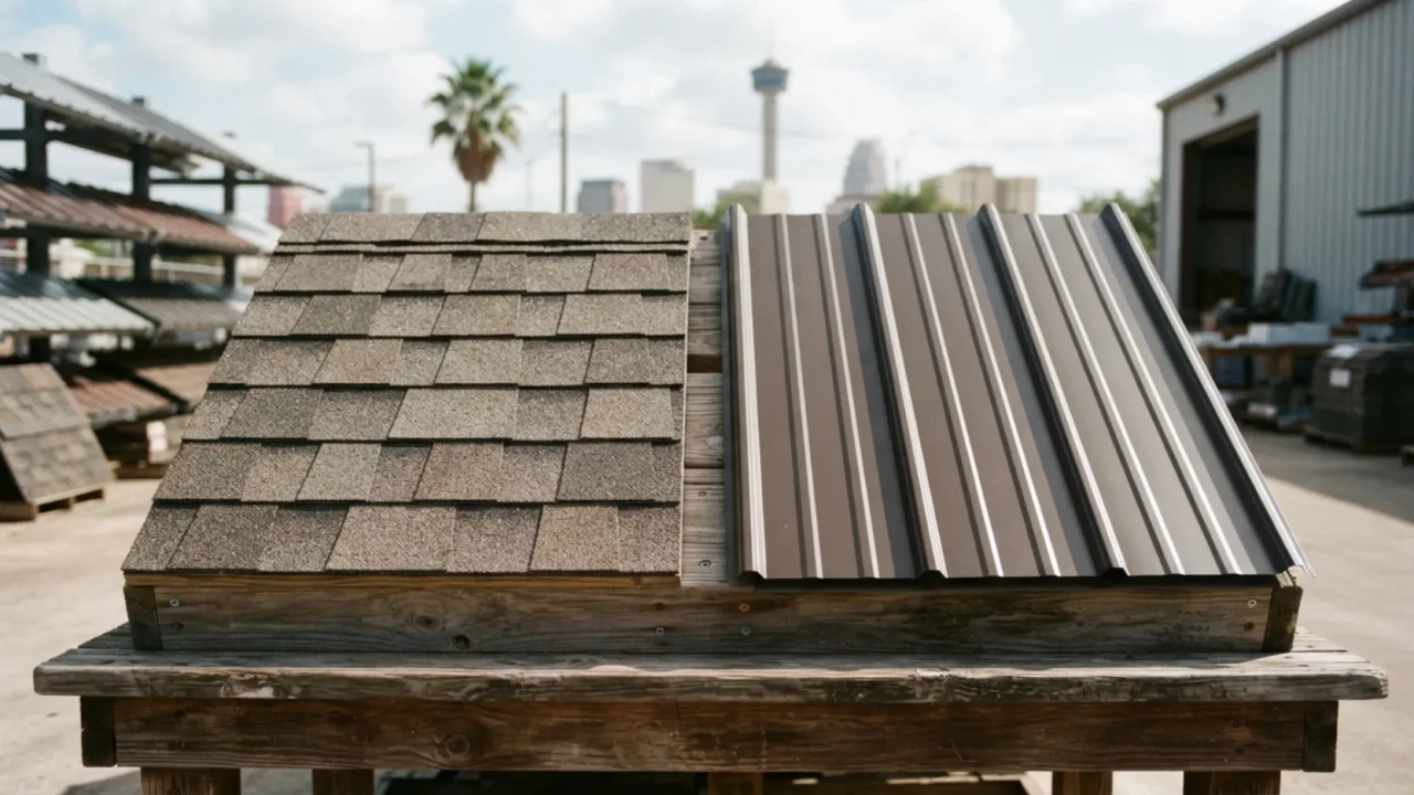 Asphalt shingle and metal roofing panel samples side by side San Antonio