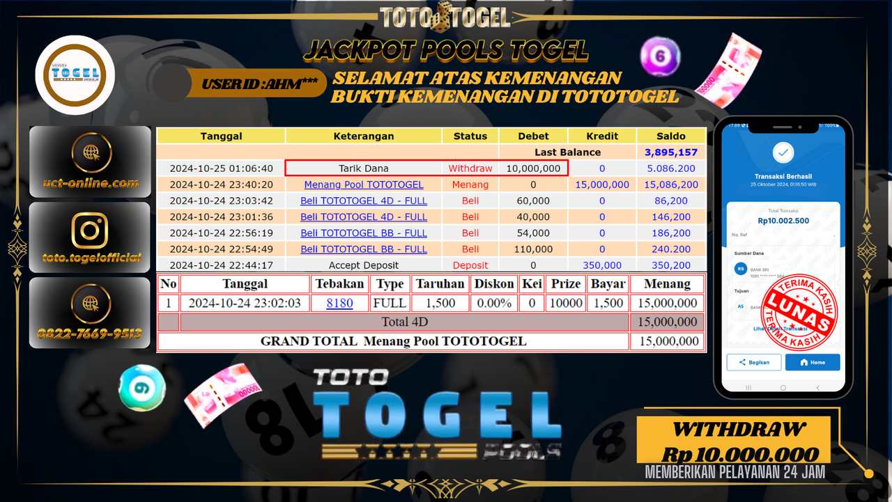 Bukti Pembayaran Permainan Jackpot Pools TotoTogel ID : AHM*** LUNAS