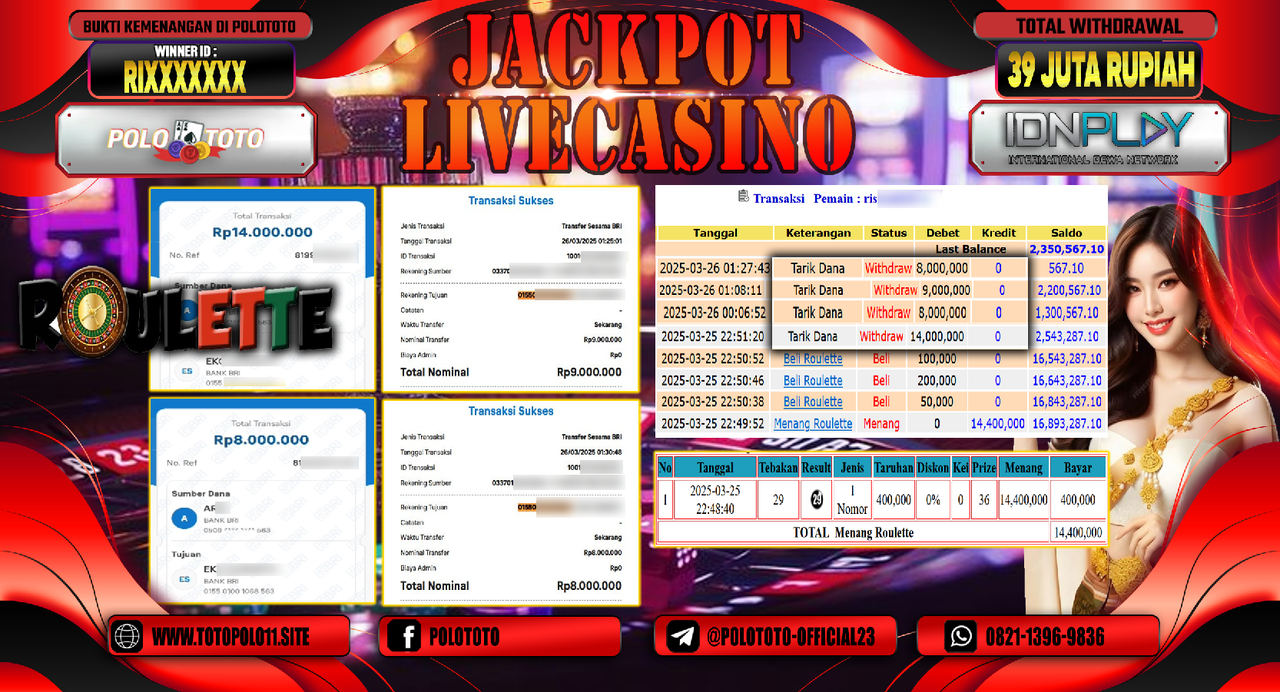 POLOTOTO JACKPOT LIVE CASINO ROULETTE Rp.39.000.000,- LUNAS