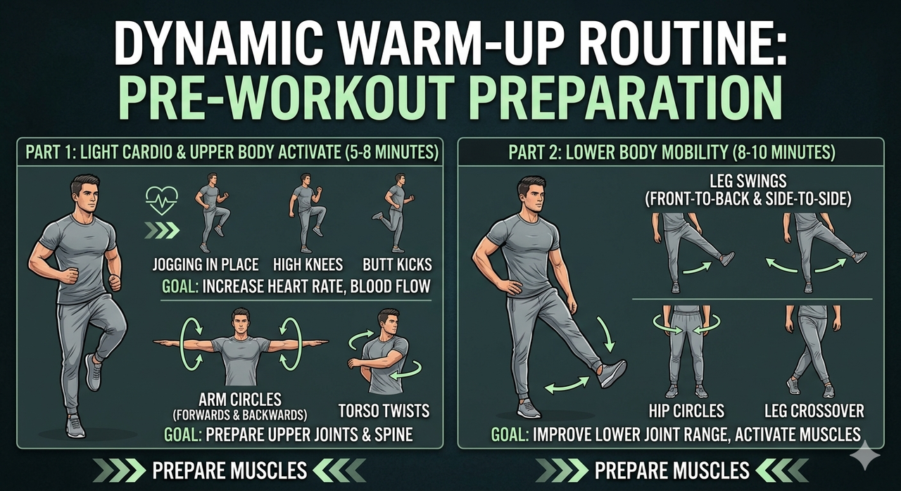 Dynamic warm-up exercises including leg swings, arm circles, torso twists for pre-workout preparation