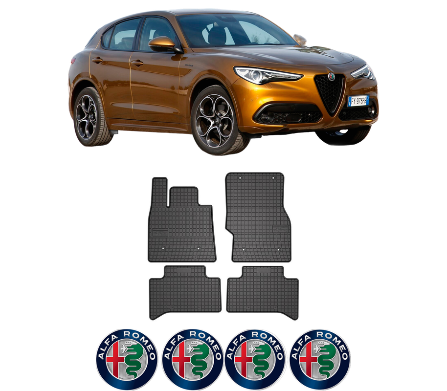Set covorase presuri ALFA ROMEO STELVIO (949_) din 2016-2019, auto, din cauciuc thermoplastic, 4 Stickere auto cu ALFA ROMEO