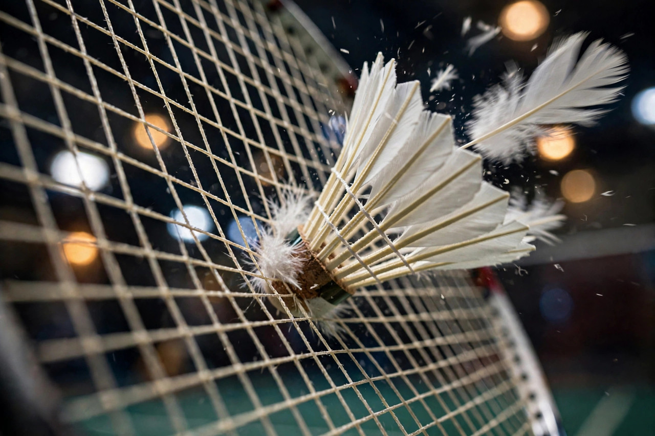Close-up of a shuttlecock striking badminton racket strings during the French Open 2026