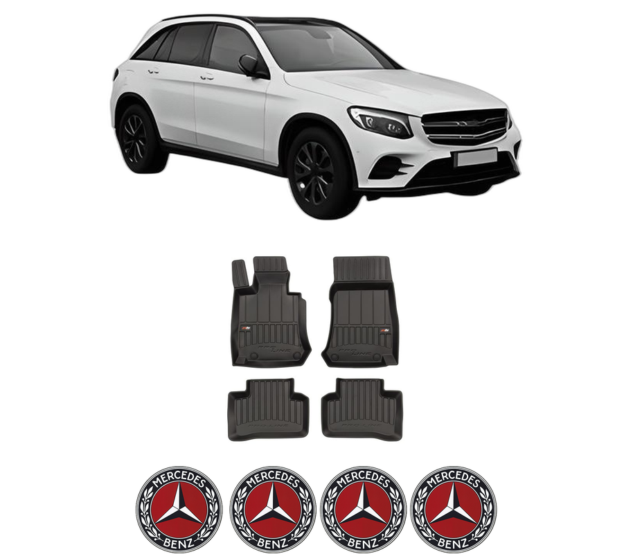 Set covorase presuri MERCEDES-BENZ GLC (X253) din 2015-2022, auto, din cauciuc thermoplastic, 4 Stickere auto cu MERCEDES-BENZ