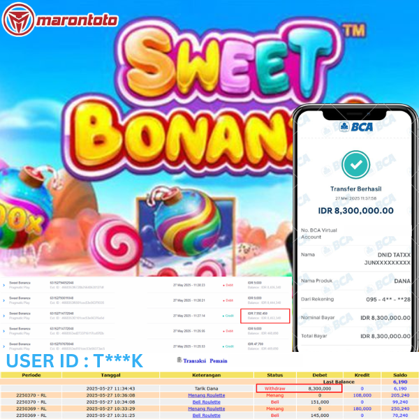 Bukti Kemenangan Member Marontoto Sebesar 8,300,000 JuTa