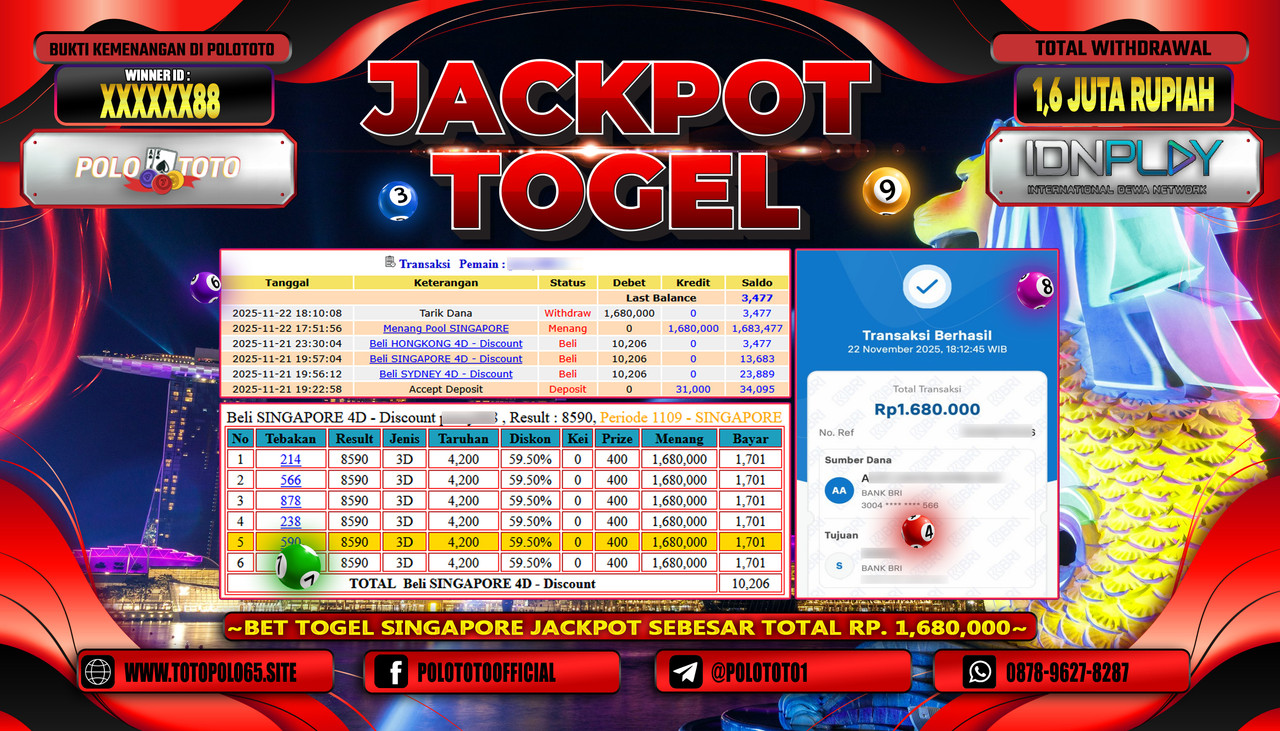 POLOTOTO JACKPOT TOGEL MENANG POOL SINGAPORE Rp.1.600.000,- LUNAS