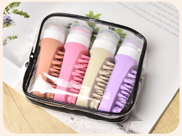 Combination A Travel silicone refillable water bottle set – multi-functional soft-press dispenser with brush and storage bag (4-pack)
