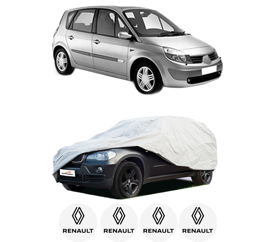 Husa tip prelata auto pentru RENAULT SCENIC II (JM0/1_) din 2003-2009, Culoare Gri, material textil impermeabil, rezistanta la intemperii praf UV, CARPASSION Husa Protectie, 4 Stickere auto cu RENAULT