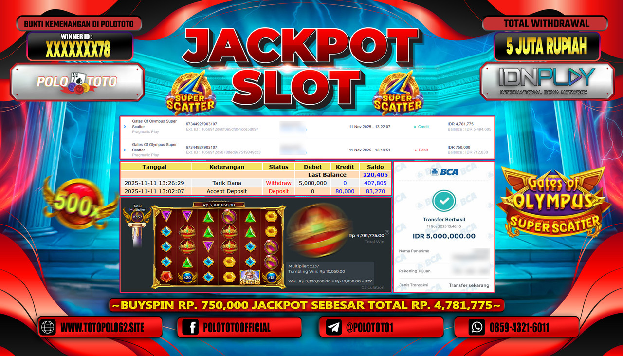POLOTOTO JACKPOT SLOT GATES OF OLYMPUS SUPER SCATTER  Rp.5.000.000,- LUNAS