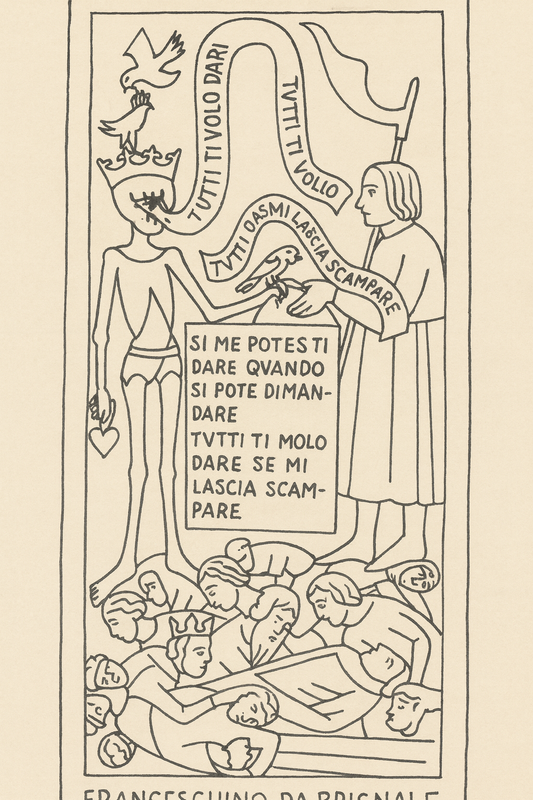 Disegno interpretativo della lastra La Morte e Franceschino da Brignale realizzato da Antonio Nacarlo