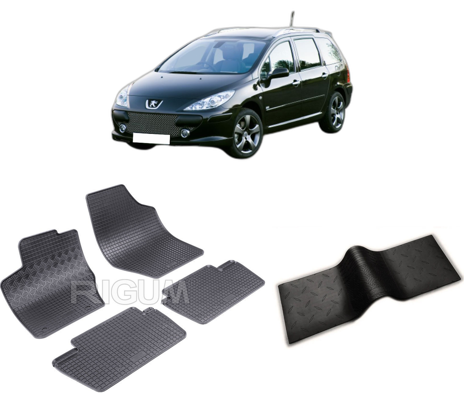 Set covorase auto PEUGEOT 307 FACELIFT din 2005-03.2008, cu covoras tunel median, CAROSERIE COMBI, Presuri cauciuc 100%, compatibil cu autoturismul PEUGEOT 307 FACELIFT, Rigum