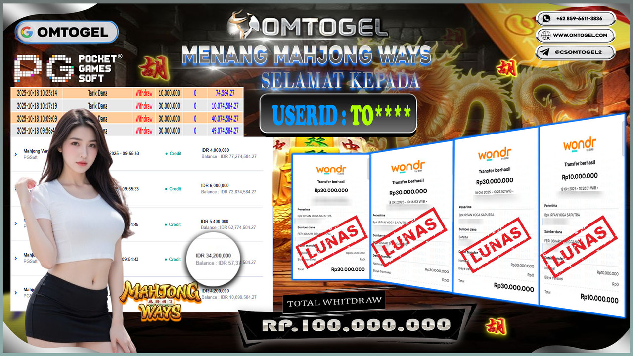 OMTOGEL JACKPOT PGSOFT MAHJONG WAYS 100 JUTA DI BAYAR LUNAS ,-