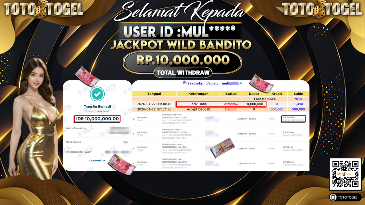 Bukti Pembayaran Jackpot Permainan Slot Wild Bandito ID:MUL*****LUNAS