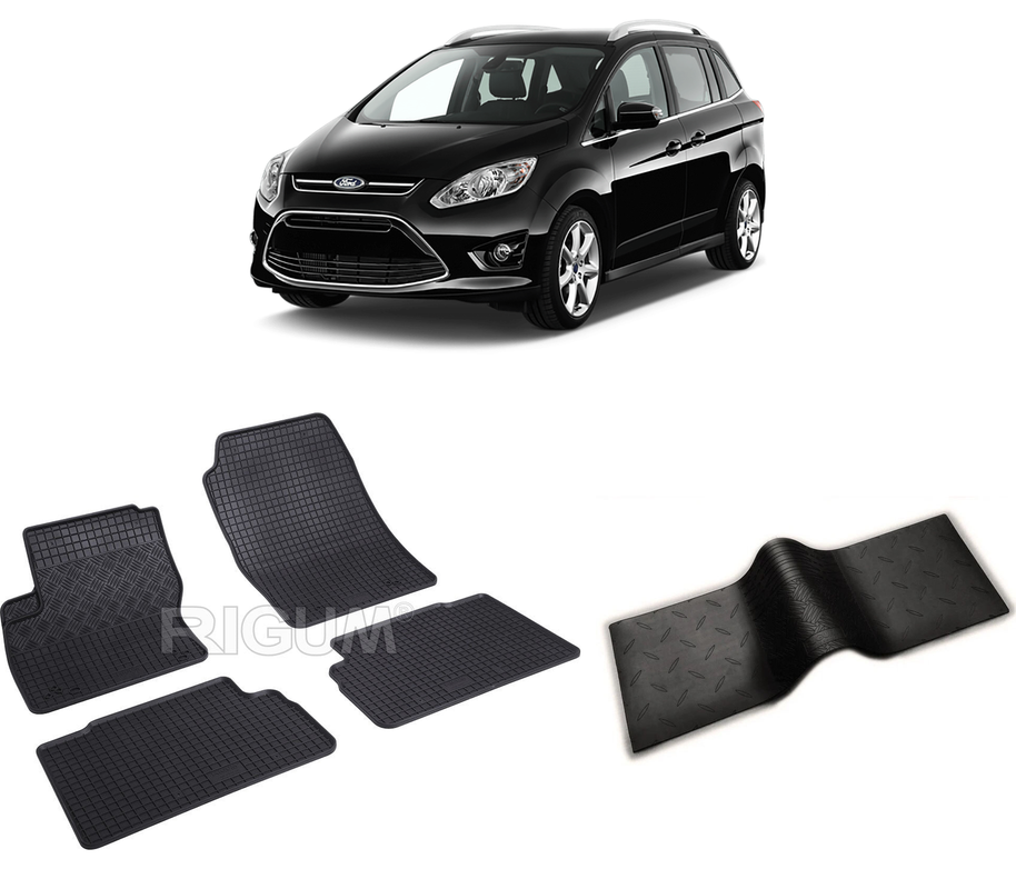 Set covorase auto FORD C-MAX GRAND II din 11.2010-06.2019, cu covoras tunel median, CAROSERIE VAN, Presuri cauciuc 100%, compatibil cu autoturismul FORD C-MAX GRAND II, Rigum