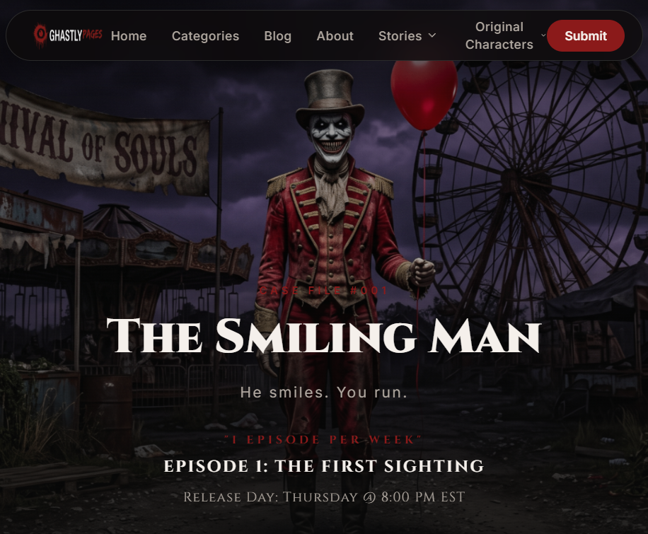 Cinematic illustration for GhastlyPages — Cinematic Horror Fiction & Audio Storytelling Platform