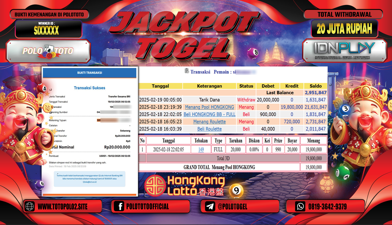 POLOTOTO JACKPOT TOGEL PASARAN HONGKONG Rp.20.000.000,-