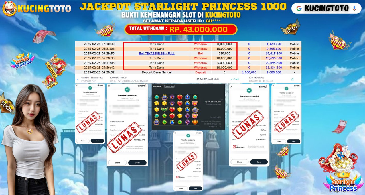 KUCINGTOTO JACKPOT SLOT STARLIGHT PRINCESS 1000 RP.43.000.000.,- LUNAS