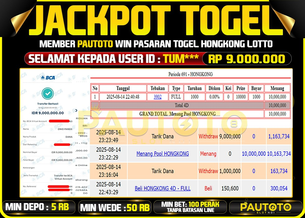BUKTI PEMBAYARAN TGL 14 AGUSTUS 2025 MENANG DI PASARAN HONGKONG LOTTO TOTAL WD 9 JUTA