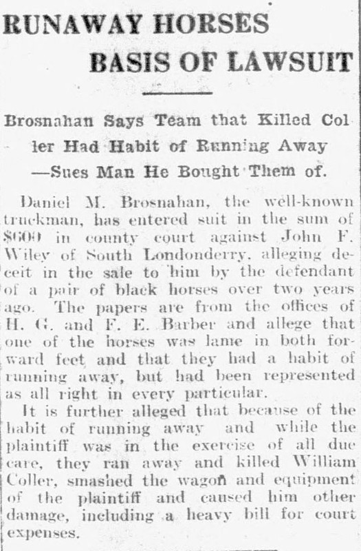 The Brattleboro Daily Reformer, July 24, 1914 - John F. Wiley sued over horses