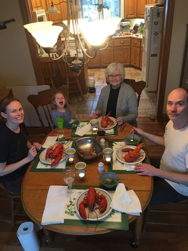 Brian, Anna, Agnes, and Joyce with lobsters