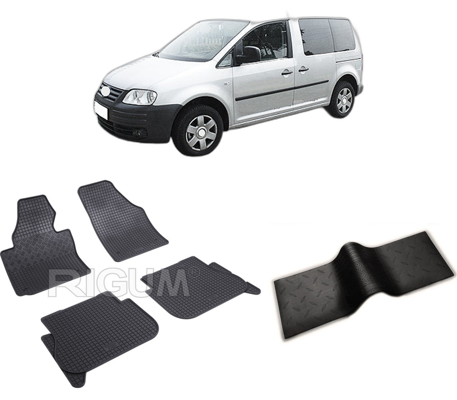 Set covorase auto VOLKSWAGEN CADDY din 2004-10.2020, cu covoras tunel median, CAROSERIE VAN 5 LOCURI, Presuri cauciuc 100%, compatibil cu autoturismul VOLKSWAGEN CADDY, Rigum
