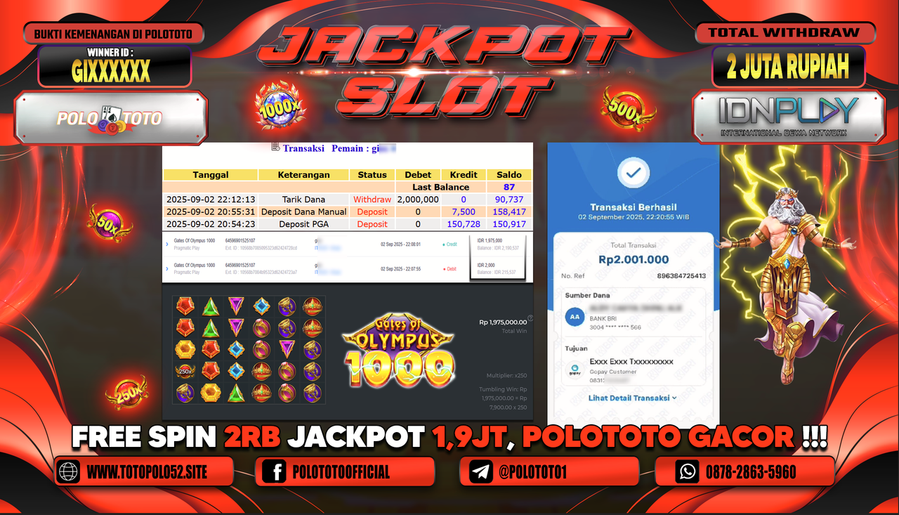 POLOTOTO JACKPOT SLOT GATES OF OLYMPUS 1000 Rp.2.000.000,-