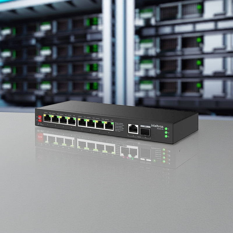 Detalhe dos indicadores LED do Switch Intelbras S1110G-PA