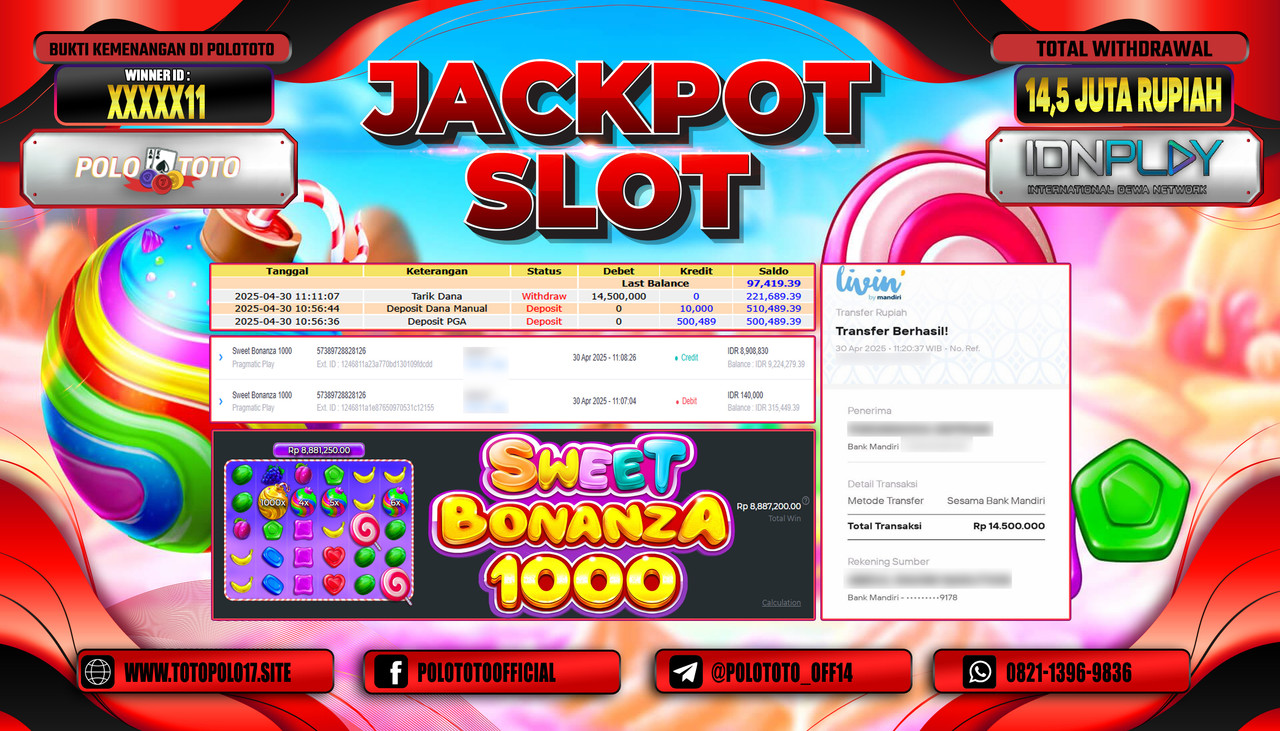 POLOTOTO JACKPOT SLOT SWEET BONANZA 1000 Rp.14.500.000,-