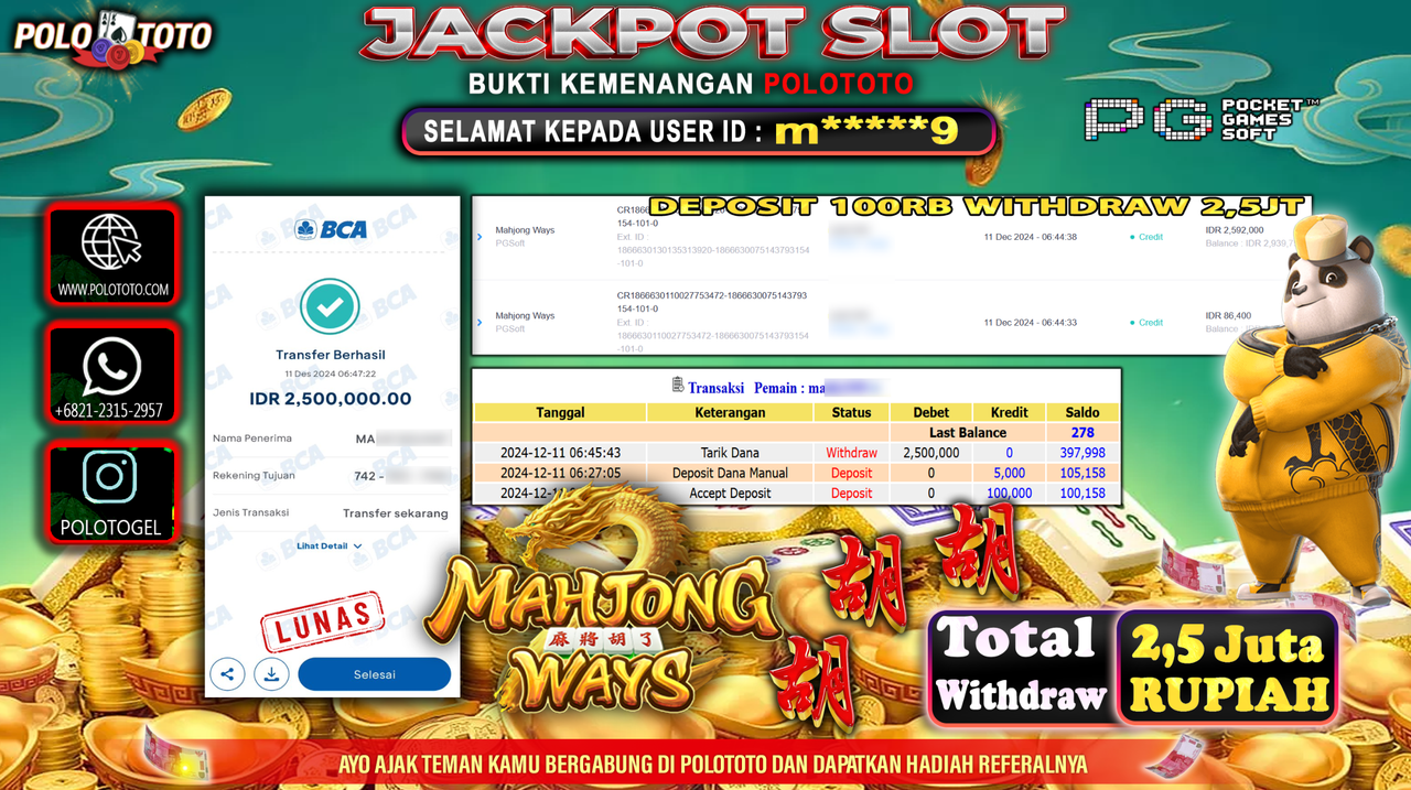 POLOTOTO JACKPOT SLOT MAHJONG WAYS Rp.2,500.000,-