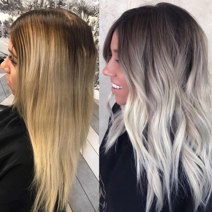 Gray light brown hair dyed platinum blonde