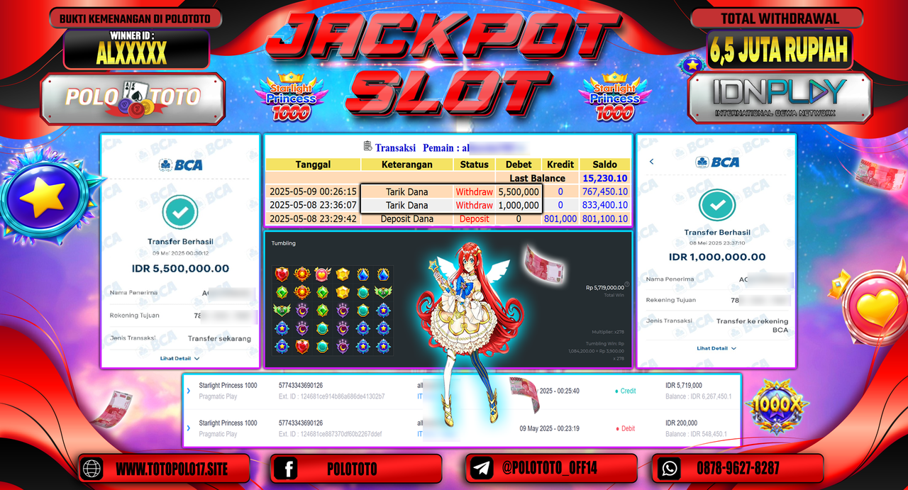 POLOTOTO JACKPOT SLOT STARLIGHT PRINCESS 1000 Rp.6.500.000,-