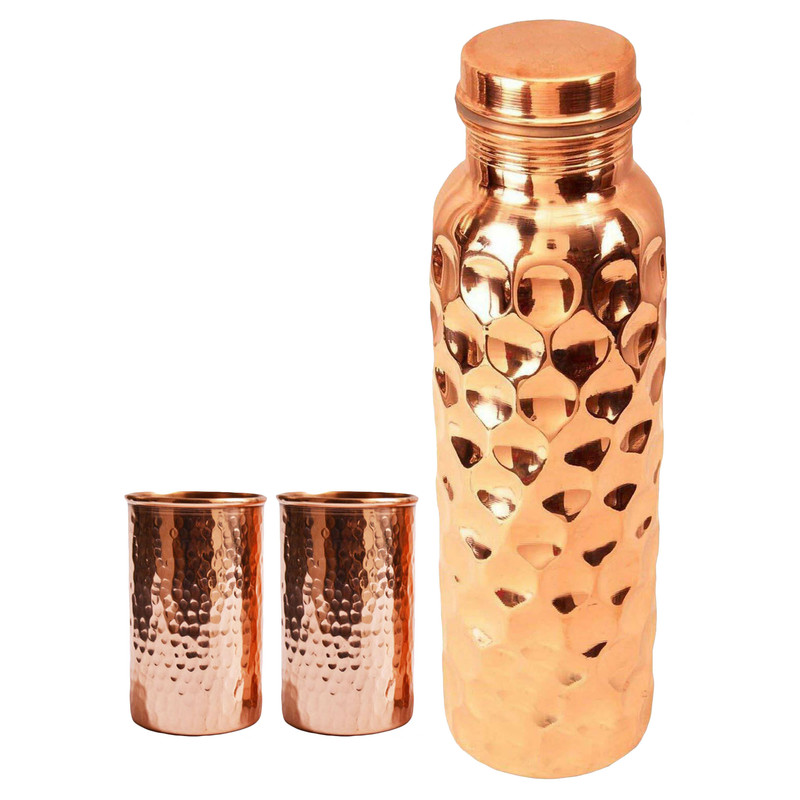 100 % reines Kupfer Wasser Diamant Stil Flasche mit Glas Auslaufsicher Gesundheit Nutzen - Bild 2 von 4