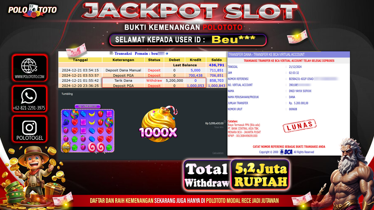 POLOTOTO JACKPOT SLOT SWEET BONANZA 1000 Rp.5,200.000,-