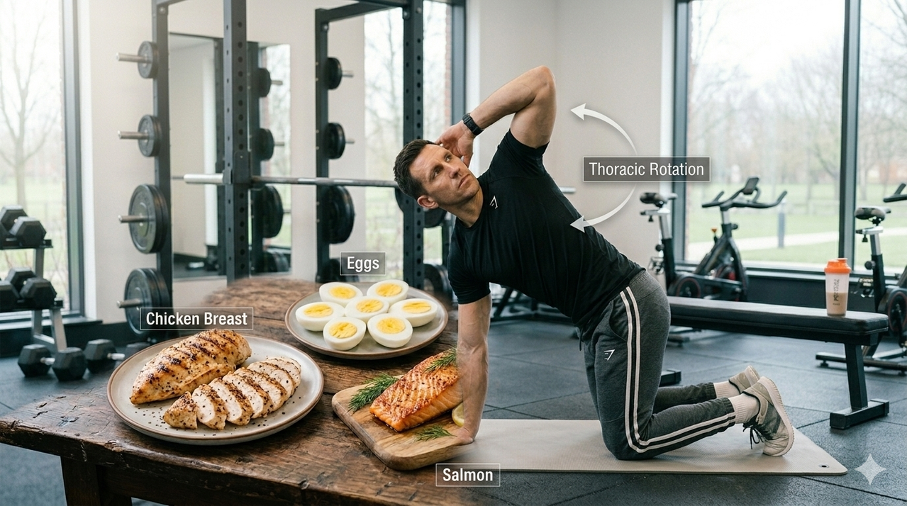 Person performing quadruped thoracic spine rotation with hand behind head, opening chest to improve upper back mobility for best mobility exercises for deeper squats