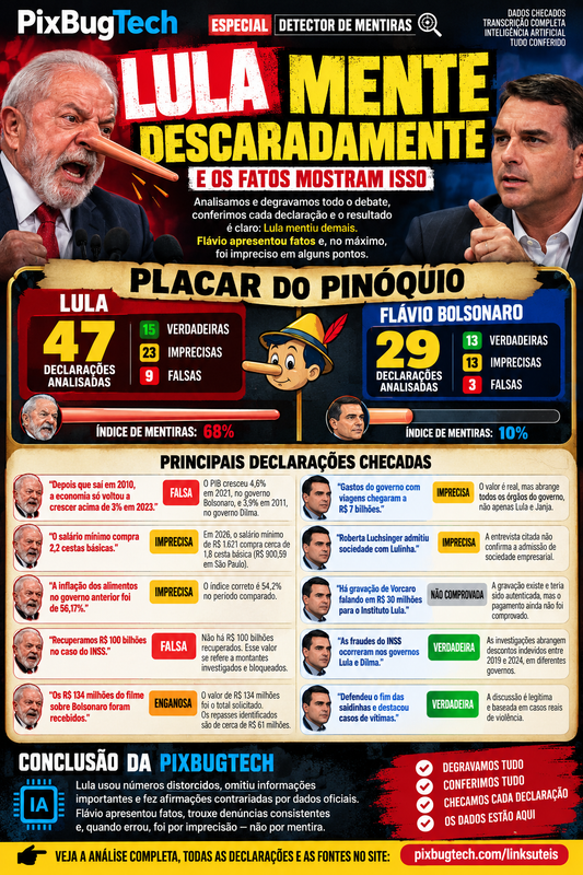 Especial PixBugTech: Detector de Mentiras Lula é confrontado pelos fatos após declarações falsas e números distorcidos no debate