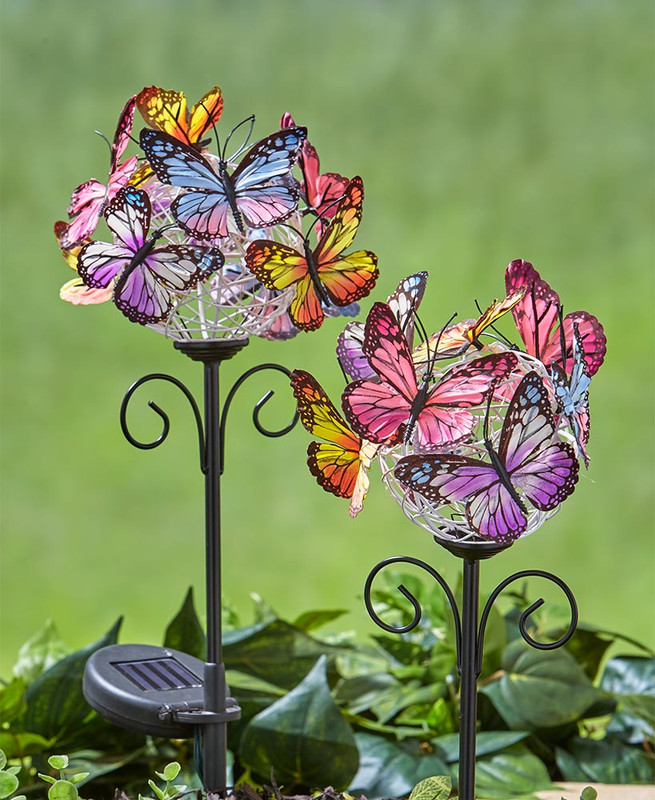 Set of 2 Solar Colorful BUTTERFLY Garden Stakes Yard Lawn Pathway