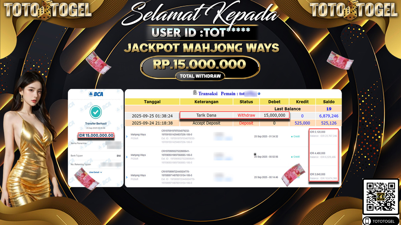 Bukti Pembayaran Jackpot Permainan Slot Mahjong Ways ID:TOT*** LUNAS