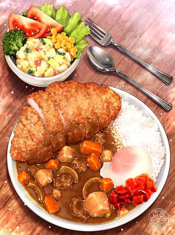 Curry with Katsudon and a side salad