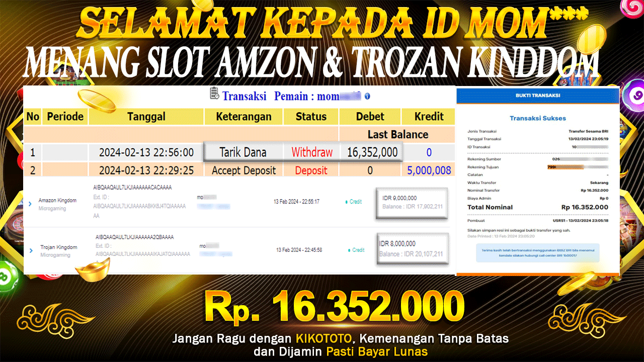 MENANG BESAR DI SLOT ONLINE  AMAZON & TROJAN KINGDOM  SEBESAR Rp 16,352,000 LANGSUNG DAN TANPA BASA BASI DI BAYAR KIKOTOTO !!!