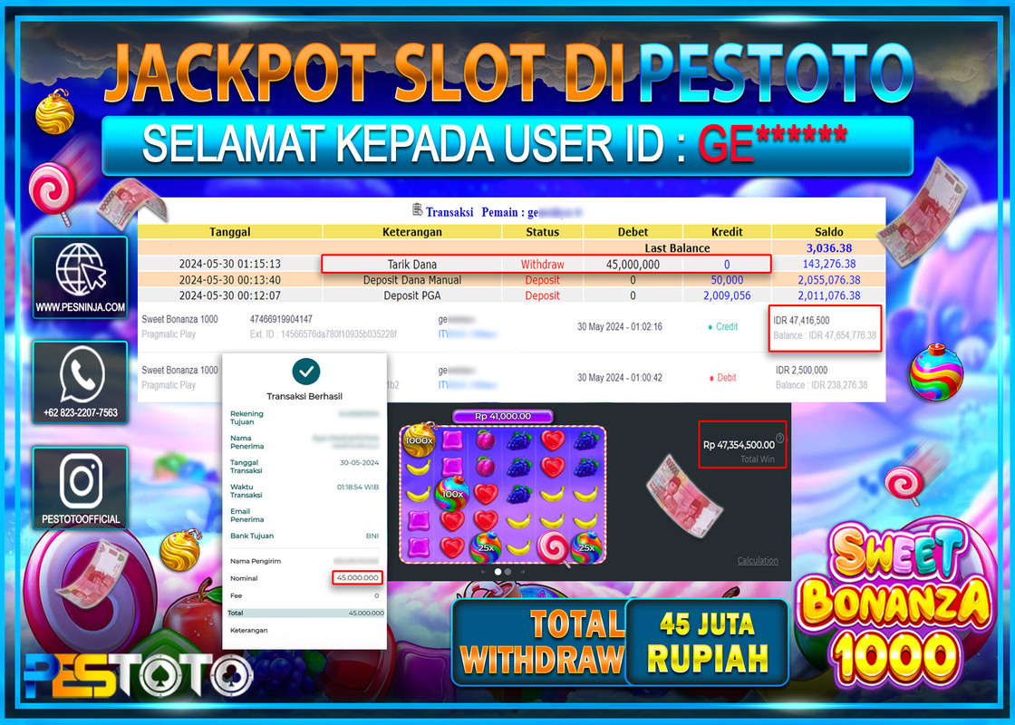 HANYA DI PESTOTO JP PASTI DI BAYAR LUNAS DAN CEPAT!!!!!! JP SLOT{ SWEET BONANZA 1000  } Rp.45.000.000 !!!!!