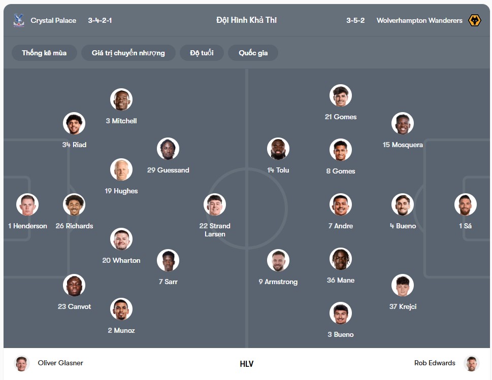 doi hinh Crystal Palace vs Wolves