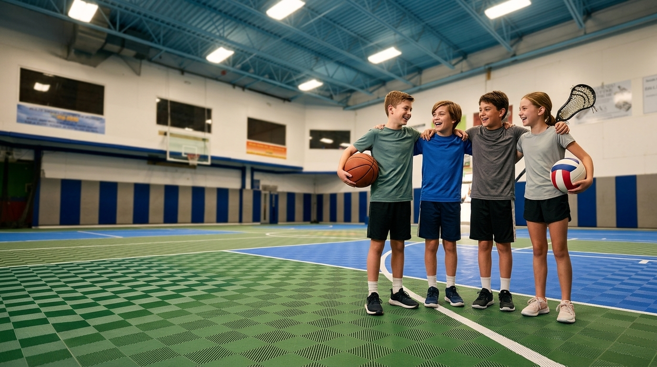 Kids playing basketball, volleyball, lacrosse and baseball at Sportset Kids in Rockville Centre